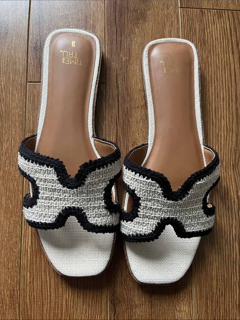 Time and Tru Cream Crochet Slide Sandals with Black Trim